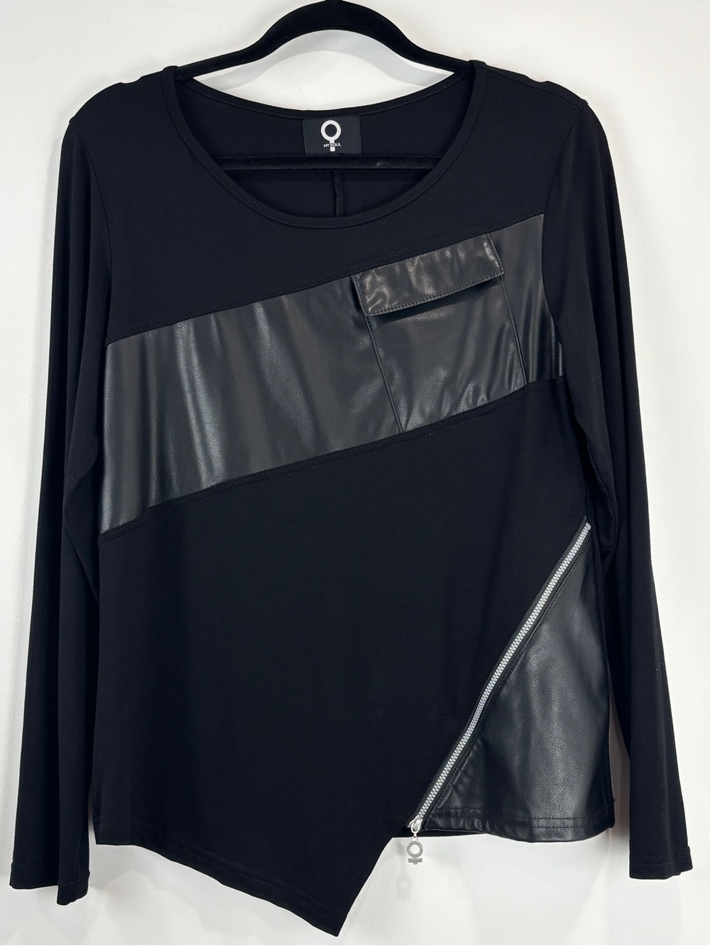 Black Long Sleeve Asymmetric Zip Tee with Faux Leather Panels
